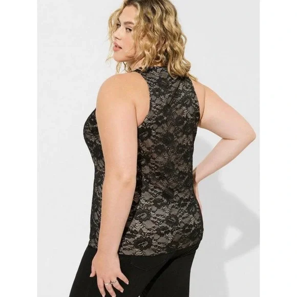 Torrid Women's Deep Black Stretch Lace High Neck Sleeveless Tank Top - Picture 2 of 3